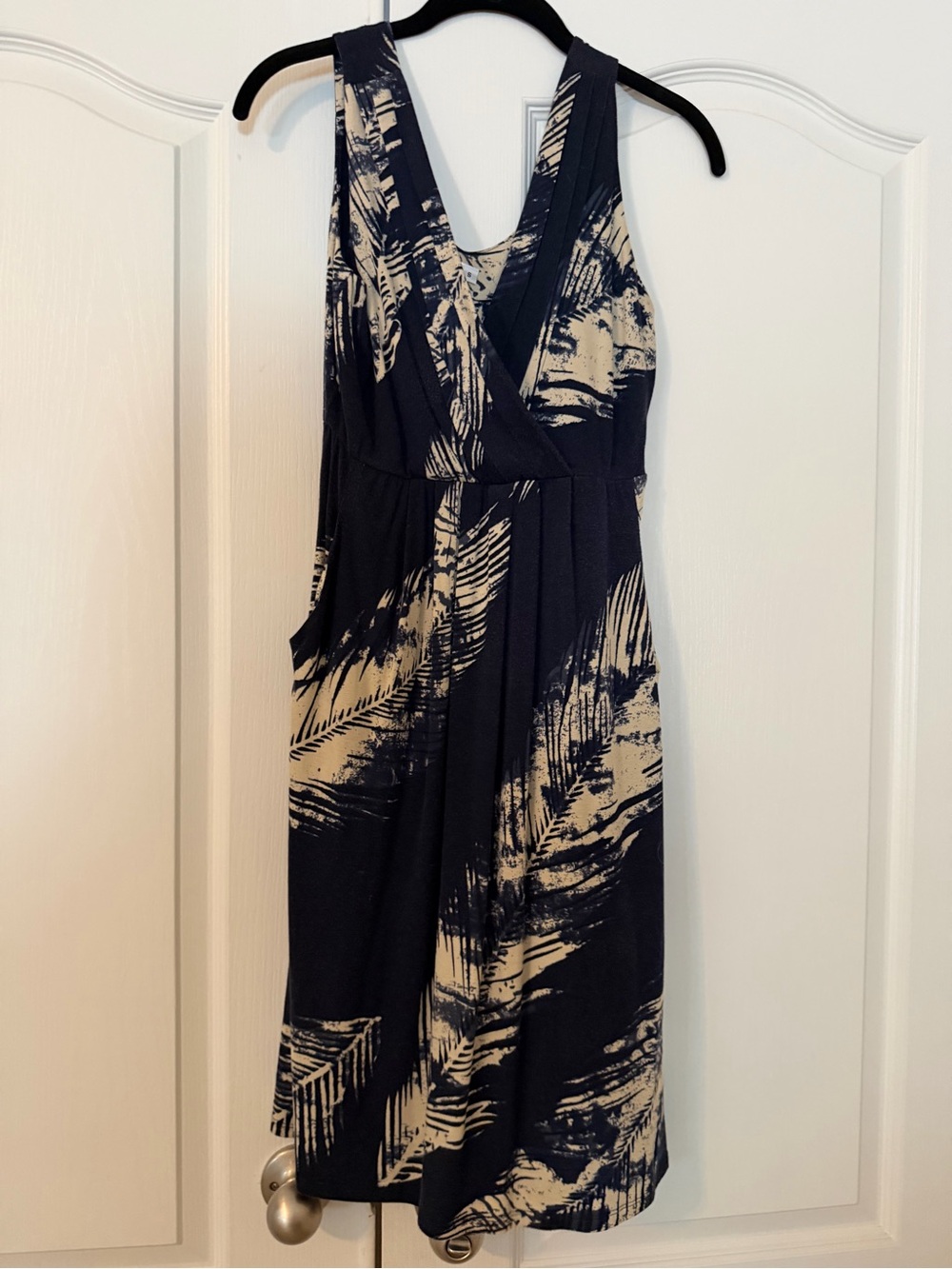 Nell Couture Navy and Cream Palm-Print Midi Dress